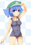  1_mutsuki 1girl blue_eyes blue_hair hair_bobbles hair_ornament hand_on_hat kawashiro_nitori key long_hair simple_background smile solo swimsuit touhou twintails wet white_background 
