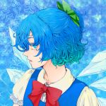  ameya_nihachi aqua_hair blue_eyes blue_hair bow bust cirno curly_hair gradient_hair ice ice_wings multicolored_hair solo touhou wings 