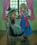  1girl alice_margatroid ama-tou blonde_hair blue_eyes bow braid capelet chair character_doll curtains doll doll_joints hair_bow hairband hat highres holding_hand kirisame_marisa long_hair mary_janes multiple_girls shoes single_braid sitting touhou traditional_media window witch witch_hat yellow_eyes 