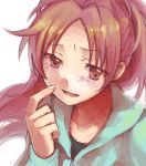  blush bsy755 drawr face finger_to_face hoodie light_smile long_hair looking_at_viewer mahou_shoujo_madoka_magica oekaki ponytail portrait red_eyes red_hair sakura_kyouko smile solo 