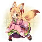  :d animal_ears bell blonde_hair bow chokobanira emil_chronicle_online fang fox_ears fox_tail hair_bow japanese_clothes kimono long_hair long_sleeves open_mouth sleeves_past_wrists smile solo tail wink yellow_eyes 