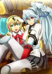  aegis android aqua_hair blonde_hair blue_eyes bow highres houndstooth labrys long_hair multiple_girls muutsu_(maxwell0916) open_mouth persona persona_3 persona_4:_the_ultimate_in_mayonaka_arena ponytail red_eyes robot_joints school_uniform short_hair sitting skirt smile television 