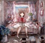 1girl acrylic_paint_(medium) animal_ears bag bed between_legs blush bow box capelet cat_ears child coffee_table colored_pencil_(medium) cup curtains dress flower flower_pot graphite_(medium) grey_hair hand_between_legs highres indoors jar long_hair natsume_no_kijiro original picture_(object) sitting socks solo stuffed_animal stuffed_toy table teddy_bear toy traditional_media white_dress window 