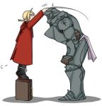  alphonse_elric armor brothers edward_elric fullmetal_alchemist height_difference lowres multiple_boys pai_(1111) petting siblings suitcase 