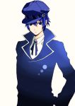  absurdres alice236 androgynous blue blue_eyes blue_hair cabbie_hat crossdressinging derivative_work detective expressionless female hair_between_eyes hand_on_hip hat highres hips looking_at_viewer persona persona_4 reverse_trap shirogane_naoto short_hair solo tomboy wavy_hair 