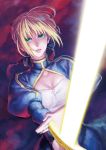  ahoge blonde_hair dress excalibur fate/stay_night fate_(series) glowing glowing_weapon hair_ribbon nicoro256 puffy_sleeves ribbon saber solo sword weapon 