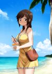  amagami bag bare_shoulders beach blue_sky blurry breasts brown_eyes brown_hair cleavage cloud depth_of_field dress highres looking_at_viewer ocean palm_tree sakurai_rihoko shaved_ice shoulder_bag sky solo spoon_straw straw tachibana_midori tree 