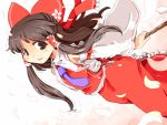  adapted_costume bare_shoulders bow brown_eyes brown_hair detached_sleeves hair_bow hair_tubes hakurei_reimu kanoe_soushi long_hair miko necktie open_mouth petals skirt sleeveless sleeveless_shirt smile solo stick touhou wide_sleeves 