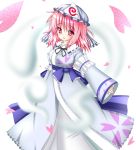  armband bow cherry_blossoms hands_in_sleeves hat hitodama japanese_clothes kimono light_smile looking_at_viewer mu-syamu obi open_hand outstretched_arm parted_lips pink_eyes pink_hair ribbon saigyouji_yuyuko short_hair simple_background solo touhou triangular_headpiece white_background 