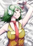  bust from_above goggles green_eyes green_hair gumi headset looking_at_viewer looking_up lying necktie on_back short_hair sinzan solo striped vocaloid wrist_cuffs 