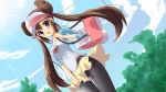  blue_eyes blush brown_hair double_bun female_protagonist_(pokemon_bw2) highres legwear_under_shorts mei_(pokemon) pantyhose pokemon pokemon_(game) pokemon_bw2 purse raglan_sleeves ribbon shorts skirt sky tenjou_ryuka tree twintails visor_cap 