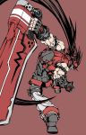  1boy attack brown_hair fingerless_gloves flat_color forehead_protector from_behind gloves grin guilty_gear_xrd headband highres long_hair multiple_belts muscle ponytail red_eyes reverse_grip smile sol_badguy spiky_hair super_banda803 sword very_long_hair vest weapon 