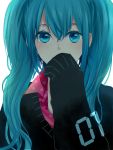  aqua_eyes aqua_hair asaya bad_id covering covering_face covering_mouth hatsune_miku looking_at_viewer solo sweater twintails vocaloid 