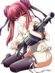  gun highres moneti_(daifuku) one-piece_swimsuit original purple_eyes red_hair redhead simple_background solo swimsuit thigh-highs thighhighs violet_eyes weapon white_background 
