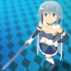  1girl bare_shoulders blue_background blue_eyes blue_hair cape checkered from_above gloves hiraizumi_(mugenkidousha) looking_up mahou_shoujo_madoka_magica miki_sayaka short_hair smile solo soul_gem sword thigh-highs thighhighs weapon zettai_ryouiki 