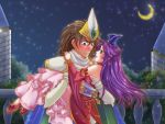  1girl angela armor blush cape carrying couple crescent_moon detached_sleeves dress duran earrings frilled_dress frills green_eyes hat heart helmet jewelry lipstick long_hair makeup moon night pointy_ears princess_carry purple_hair seiken_densetsu seiken_densetsu_3 sky star_(sky) starry_sky suiju_mana sweat 