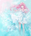  anyueh blue_eyes breasts dress flower hair_flower hair_ornament head_wreath highres jewelry just_be_friends_(vocaloid) large_breasts long_hair megurine_luka nail_polish petals pink_hair ribbon ring solo vocaloid white_dress 