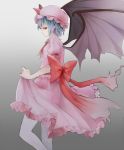  bat_wings bow hat highres kanta_(co2co8) lavender_hair neon_(co2co8) pantyhose pointy_ears profile red_eyes remilia_scarlet short_hair skirt skirt_hold skirt_set solo touhou white_legwear wings 