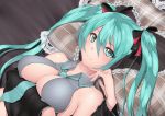  aqua_eyes aqua_hair bare_shoulders bed bed_sheet between_breasts breast_hold breasts bust cleavage detached_sleeves hand_on_own_face hatsune_miku kai_(link2262) long_hair looking_at_viewer lying necktie on_back pillow plaid smile solo twintails vocaloid 