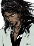  black_eyes black_hair dark_skin facial_hair japanese_clothes kaburagi_t_kotetsu long_hair male mine-ko parody side_ponytail signature solo stubble style_parody tiger_&amp;_bunny vagabond 