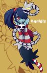  bare_shoulders blue_hair blue_skin bone breasts brown_background character_name corset detached_collar detached_sleeves leaning_forward leviathan_(skullgirls) looking_at_viewer no_shoes red_eyes scar sepia_background side_ponytail skirt skull skullgirls smile solo squigly_(skullgirls) stitched_mouth stitches striped striped_leggings striped_stockings tamachro twintails undead zombie zoom_layer 