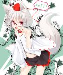  animal_ears bare_shoulders barking bespectacled collar detached_sleeves glasses hat ichiju inubashiri_momiji leaning_forward looking_at_viewer navel ogami_kazuki paw_pose red_eyes short_hair silver_hair solo speech_bubble tail tokin_hat touhou wolf_ears wolf_tail woof 