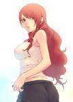  absurdres ass bare_shoulders breasts brown_eyes highres kirijou_mitsuru large_breasts long_hair looking_back pantylines persona persona_3 red_hair redhead simple_background solo tank_top tasaka_shinnosuke unbuttoned white_background 