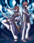  blue_background brown_hair coat cosplay dual_wielding hair_over_one_eye higano_shou kratos_aurion kratos_aurion_(cosplay) lloyd_irving male multiple_boys pants red_hair redhead shoes sword tales_of_(series) tales_of_symphonia weapon 