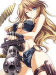  bandeau bare_shoulders blue_eyes breasts brown_hair bullet denim fingerless_gloves gatling_gun gloves grin gun highres holster long_hair looking_at_viewer midriff minigun moneti_(daifuku) o-ring_bottom o-ring_top open_fly original shiny short_shorts shorts simple_background smile thigh_holster under_boob underboob unzipped weapon white_background wink 