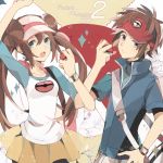  1boy 1girl blue_eyes brown_eyes brown_hair double_bun kashi_(number) kyouhei_(pokemon) locked_arms mei_(pokemon) messenger_bag pantyhose poke_ball pokemon pokemon_(game) pokemon_bw2 raglan_sleeves shoulder_bag twintails visor_cap watch wristwatch 