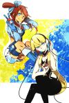  blonde_hair blue_eyes boots choker fuuro_(pokemon) gloves hair_ornament highres kamitsure_(pokemon) lucarios midriff multiple_girls pantyhose poke_ball pokemon pokemon_(game) pokemon_bw red_hair redhead short_hair smile v 