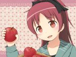  1girl apple bow casual face food fruit hair_bow holding holding_fruit hoodie long_hair mahou_shoujo_madoka_magica midori_(rquick2009) open_mouth ore_no_imouto_ga_konna_ni_kawaii_wake_ga_nai parody polka_dot ponytail portrait red_eyes red_hair redhead sakura_kyouko smile solo style_parody 