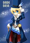  belt blonde_hair blue_background blue_eyes coat company_connection cravat flynn_scifo frederic_chopin frederic_chopin_(cosplay) hat male mojakko namco pants smile solo sparkle tales_of_(series) tales_of_vesperia top_hat trusty_bell 