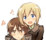  blonde_hair blue_eyes blush brown_hair erica_hartmann face gertrud_barkhorn looking_at_viewer lowres military military_uniform multiple_girls musical_note open_mouth orange_eyes sandwich_(artist) short_hair simple_background strike_witches uniform wavy_mouth 