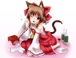  akabane_rin animal_ears bow brown_eyes brown_hair cat_ears cat_tail colored detached_sleeves hair_bow hair_tubes hakurei_reimu kemonomimi_mode looking_at_viewer miko open_mouth sarashi smile solo tail touhou wink 