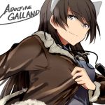  adolfine_galland animal_ears black_hair blue_eyes bust character_name jacket long_hair looking_at_viewer military military_uniform sandwich_(artist) simple_background smile solo strike_witches uniform 