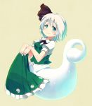  aqua_eyes blue_eyes blueberry_(5959) bottomless bowtie eyebrows floating frilled_skirt fusion ghost ghost_tail hair_ribbon hairband holding konpaku_youmu konpaku_youmu_(ghost) looking_at_viewer ribbon sepia_background short_hair short_sleeves silver_hair simple_background skirt skirt_removed smile solo thick_eyebrows touhou vest 