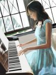  backlighting bad_id blue_eyes brown_hair copyright_request instrument long_hair piano playing_piano see-through window xcalibur 