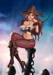  :3 anchor artist_request bare_shoulders boots breasts brown_eyes brown_hair candy_cane cleavage crossed_legs hat high_heels highres instant-ip knee_boots large_breasts league_of_legends legs legs_crossed long_hair navel pirate_hat sarah_fortune shoes sitting solo sunlight thighs 
