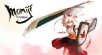 absurdres animal_ears artist_name character_name clear_echoes detached_sleeves hat highres inubashiri_momiji obi pom_pom_(clothes) red_eyes shield short_hair skirt solo sword tassel tokin_hat touhou weapon white_hair wolf_ears 