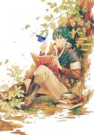  ame_(conronca) blue_eyes blue_hair book boots butterfly goggles original pants short_hair sitting tree white_background 