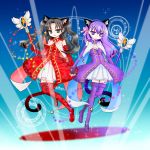  :3 animal_ears black_hair blue_eyes boots cat_ears cat_tail elbow_gloves fate/hollow_ataraxia fate_(series) gloves hatomilkyt highres kaleido_ruby long_hair magical_girl matou_sakura multiple_girls purple_eyes purple_hair siblings sisters tail thigh-highs thigh_boots thighhighs tohsaka_rin toosaka_rin two_side_up violet_eyes wand 