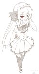  1girl bow flat_chest garter_straps highres long_hair mille monochrome red_eyes simple_background skirt solo spot_color thighhighs very_long_hair white_background 