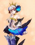  armor armored_dress bare_shoulders boots breasts choker cleavage crown drawfag dress elbow_gloves gloves gwendolyn hair_ornament hand_on_own_face highres odin_sphere pas_(paxiti) purple_eyes short_hair solo strapless_dress thigh-highs thigh_boots thighhighs violet_eyes white_hair wings 