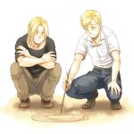  alphonse_elric blonde_hair brothers edward_elric fullmetal_alchemist magic_circle male multiple_boys pai_(1111) sand scar siblings stick yellow_eyes 