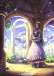  absurdres against_wall arm_cuffs barefoot brown_hair cloud d-ka-satellite dress english fairy flower head_fins highres jewelry long_hair necklace original personification plate pot purple_eyes scenery sky smile solo violet_eyes 