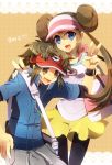  1boy 1girl bag blue_eyes brown_eyes brown_hair double_bun jacket kyouhei_(pokemon) legwear_under_shorts long_hair mei_(pokemon) messenger_bag pantyhose pokemon pokemon_(game) pokemon_bw2 raglan_sleeves shooting-star short_hair shorts shoulder_bag skirt twintails v visor visor_cap 