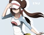  brown_hair double_bun female_protagonist_(pokemon_bw2) highres kakkii mei_(pokemon) pantyhose pokemon pokemon_(game) pokemon_bw2 raglan_sleeves ribbon twintails visor_cap 