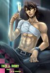  abs bandage bandages bracelet brown_eyes brown_hair couch cup facial_hair jewelry kaburagi_t_kotetsu male redemption13 ring shirtless short_hair sitting solo stubble tiger_&amp;_bunny watch wedding_band wine wine_glass wristwatch 