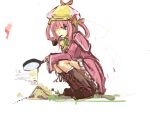  ant_hill blue_eyes boots dress hair_rings hat highres knee_boots magnifying_glass pan!ies pink_hair pipe sherlock_shellingford solo squatting tantei_opera_milky_holmes 
